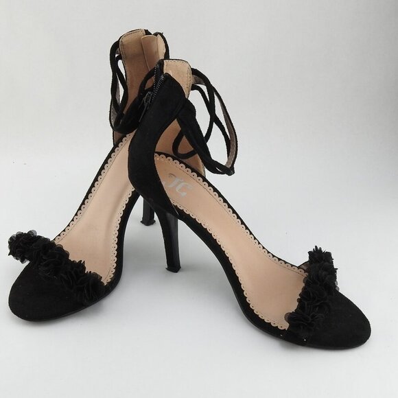 Black Strappy 4" Heels Faux Suede Flower Accents 3 Straps Heel - Picture 4 of 14
